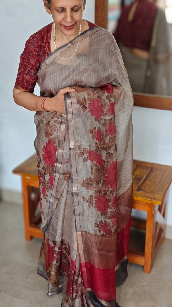 Taupe Kota Silk Floral Printed Saree - KTS3