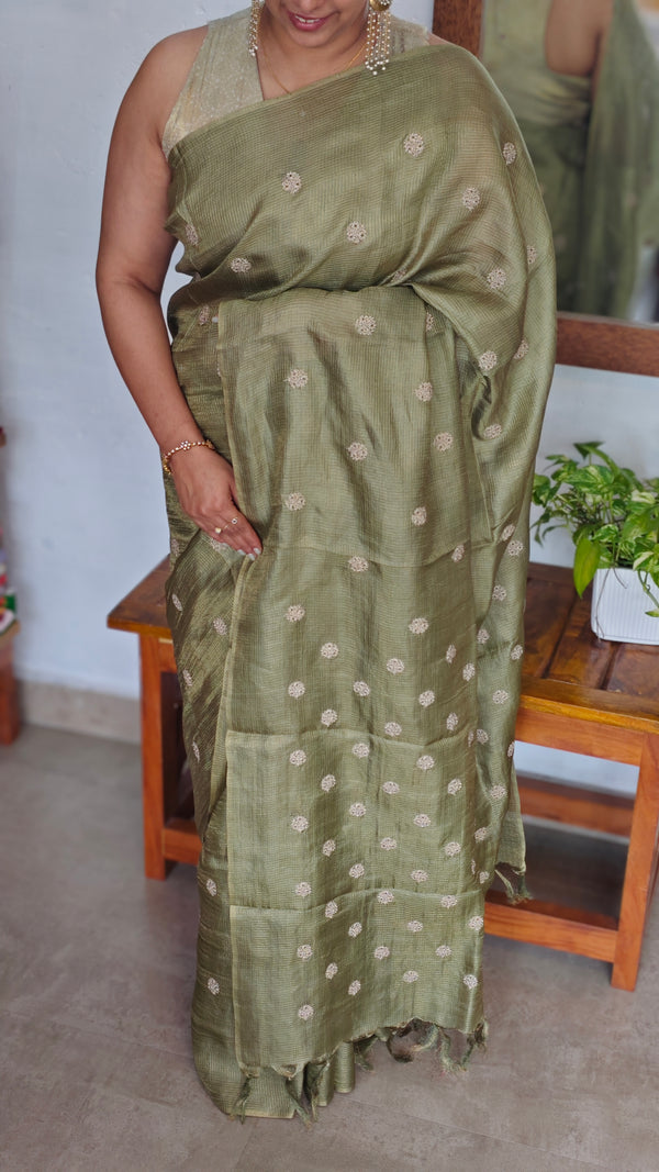 Moss Green Zari Checked Tussar Silk Saree - NZ91