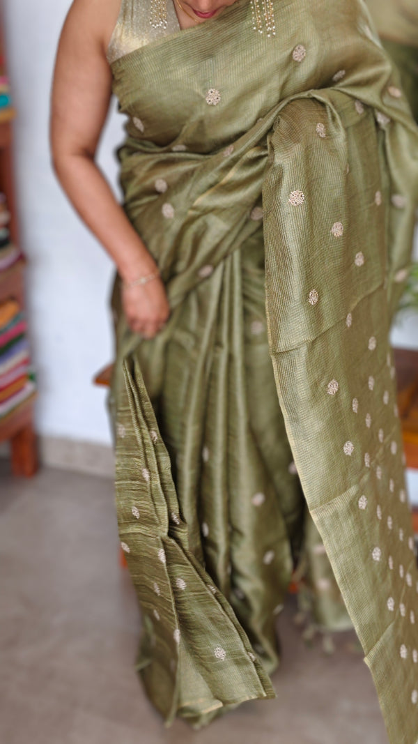 Moss Green Zari Checked Tussar Silk Saree - NZ91