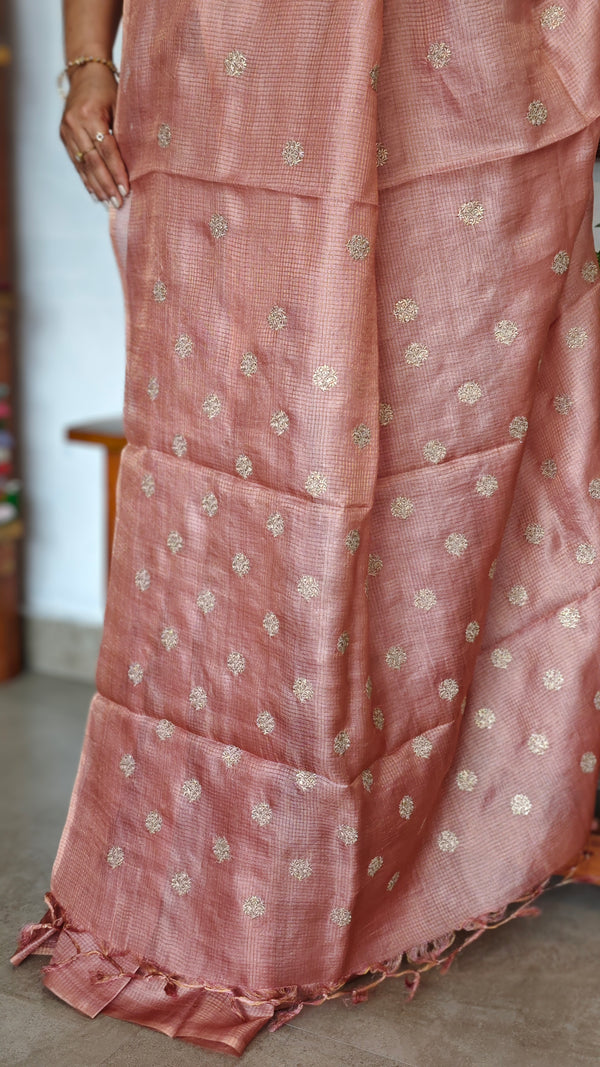 Nude Pink Zari Checked Tussar Silk Saree - NZ91