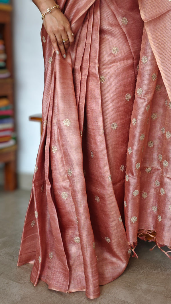 Nude Pink Zari Checked Tussar Silk Saree - NZ91