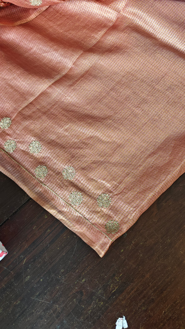 Nude Pink Zari Checked Tussar Silk Saree - NZ91