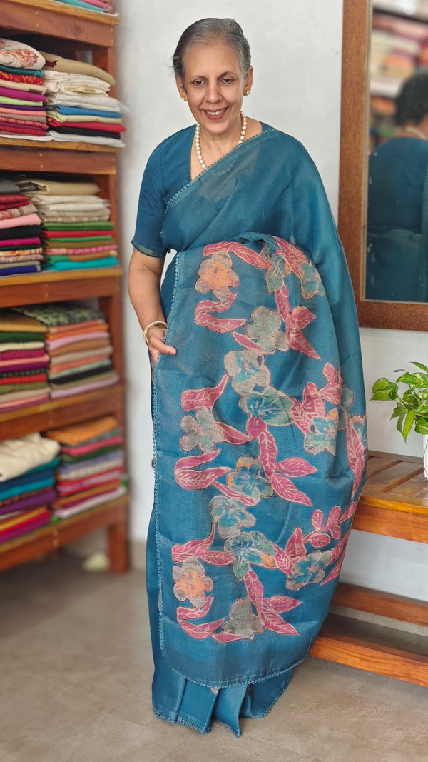 Blue Printed Tissue Linen Saree - NPR8
