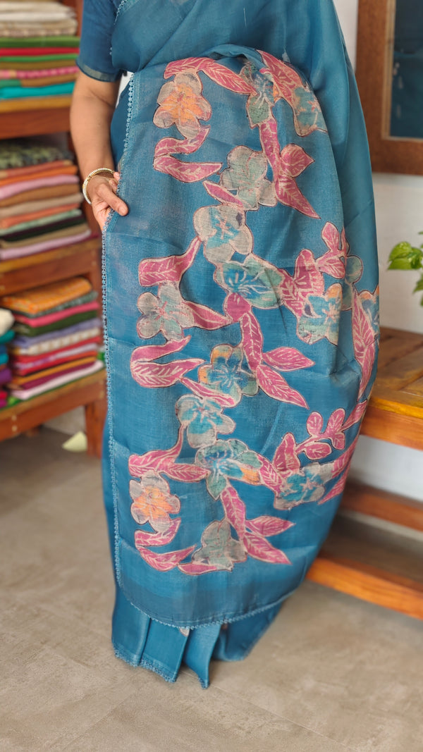 Blue Printed Tissue Linen Saree - NPR8