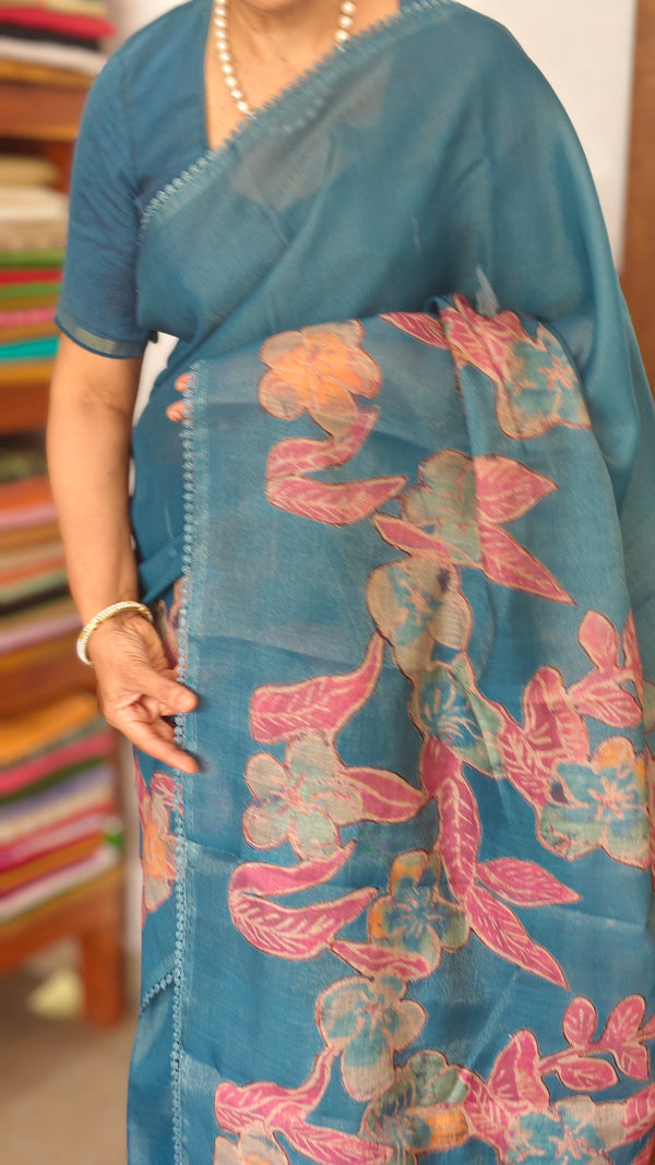 Blue Printed Tissue Linen Saree - NPR8