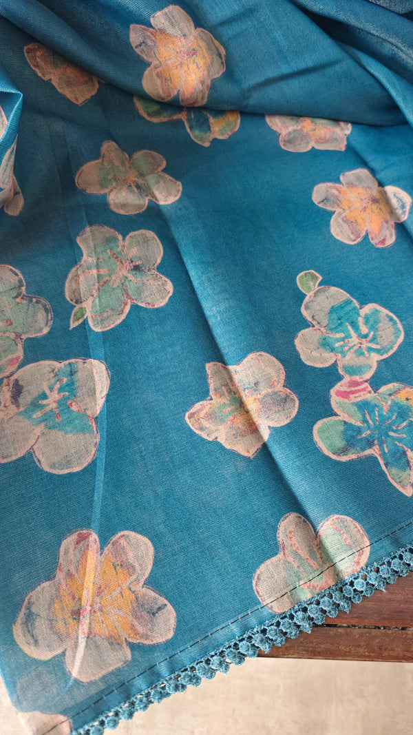Blue Printed Tissue Linen Saree - NPR8