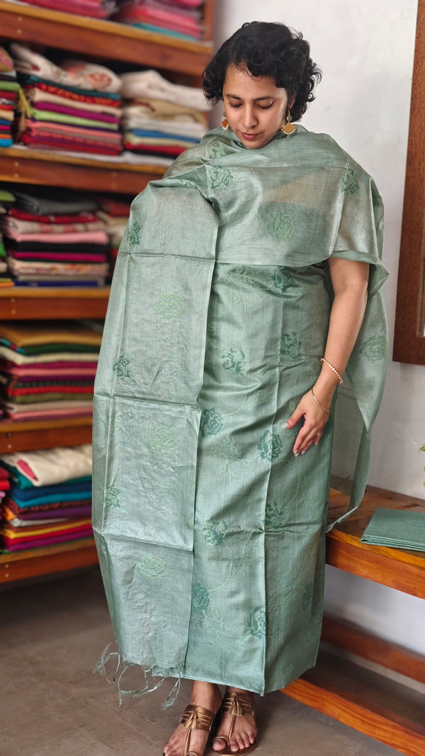 Teal Green Tussar Silk Suit with Cross Stitch Embroidery - FNA4