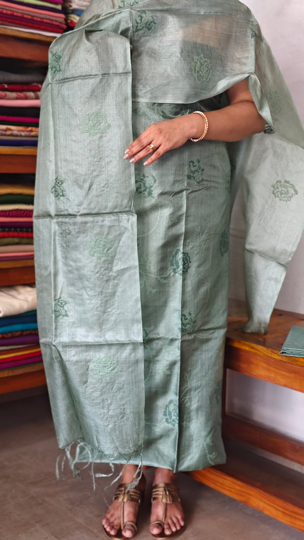 Teal Green Tussar Silk Suit with Cross Stitch Embroidery - FNA4