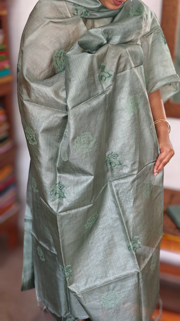 Teal Green Tussar Silk Suit with Cross Stitch Embroidery - FNA4