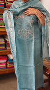 Teal Blue Tussar Silk Suit with Multi Thread Cross Stitch Embroidery - FNA4