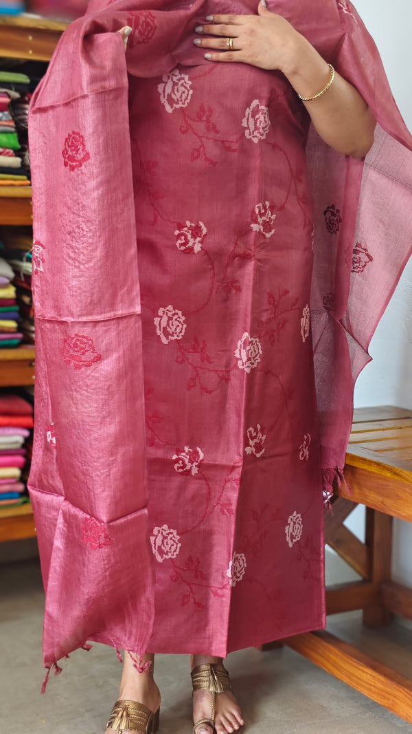 Maroon Tussar Silk Suit with Cross Stitch Embroidery - FNA4