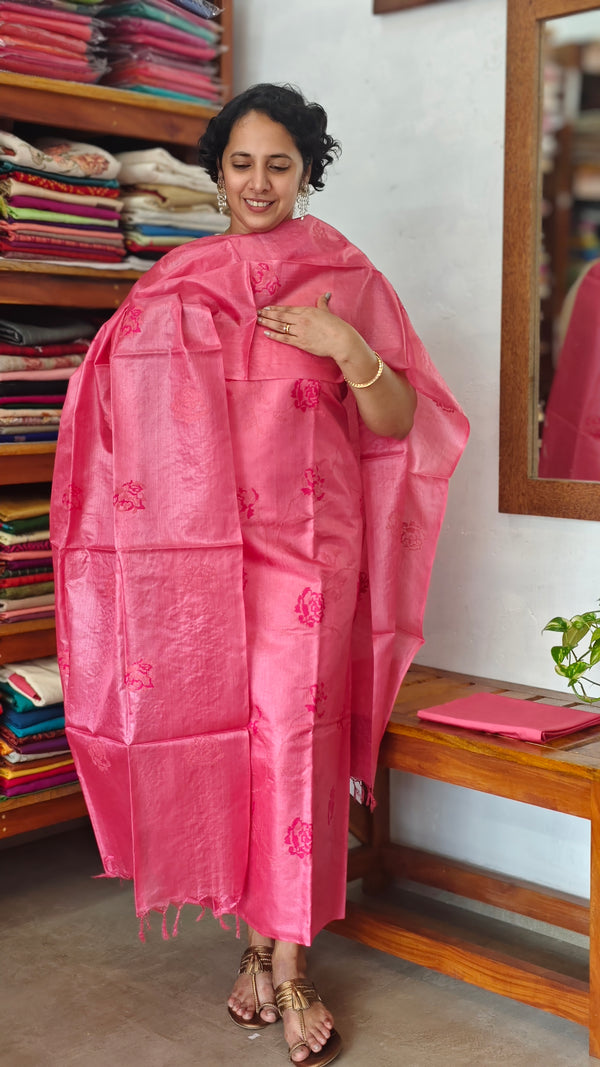 Candy Pink Tussar Silk Suit Cross Stitch Embroidery - FNA4