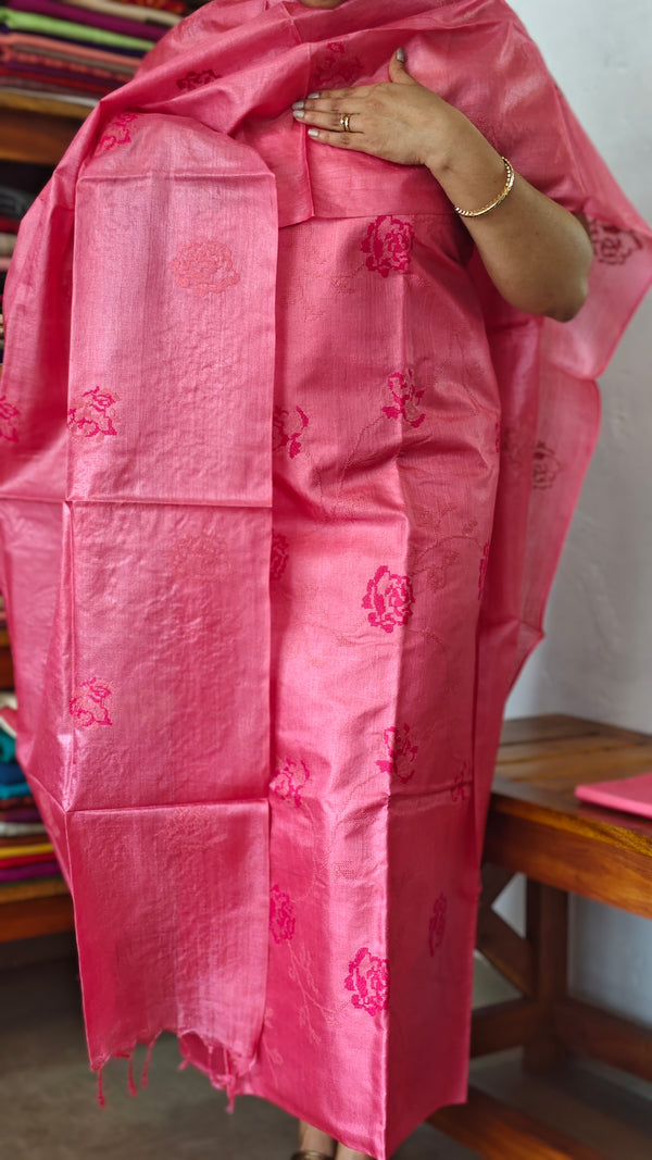 Candy Pink Tussar Silk Suit Cross Stitch Embroidery - FNA4