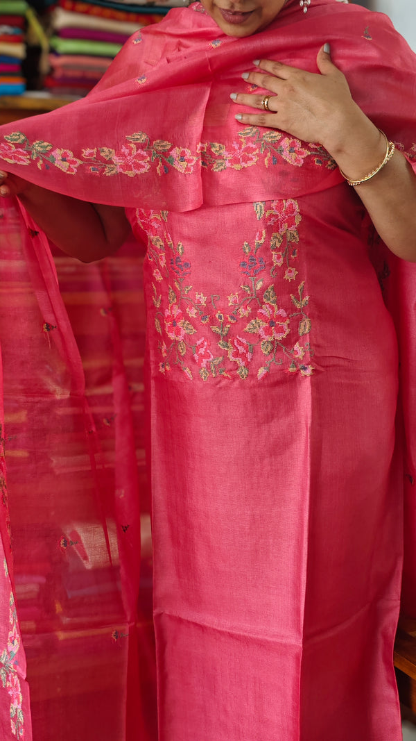 Peach Pink Tussar Silk Suit with Multi Thread Cross Stitch Embroidery - FNA4