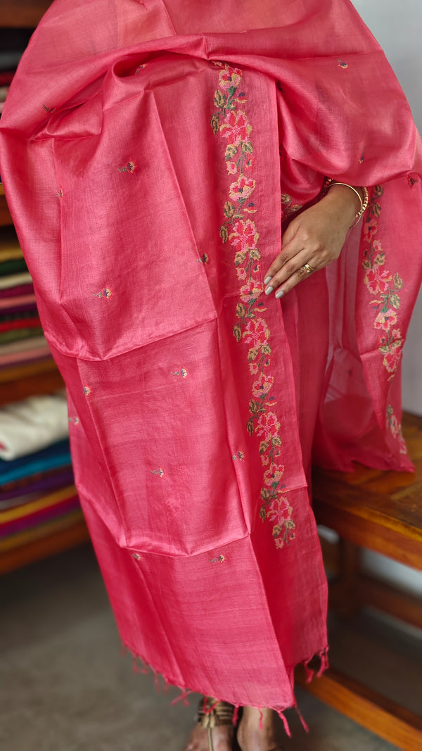 Peach Pink Tussar Silk Suit with Multi Thread Cross Stitch Embroidery - FNA4