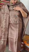 Brown Tussar Silk Suit with Multi Thread Cross Stitch Embroidery - FNA4