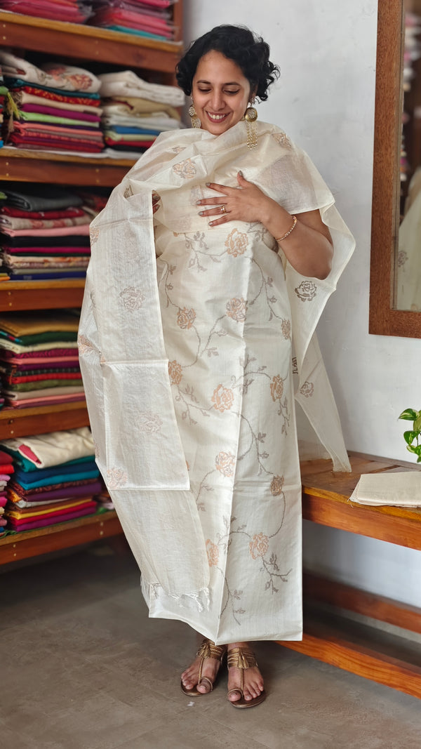 Cream Tussar Silk Suit with Cross Stitch Embroidery - FNA4