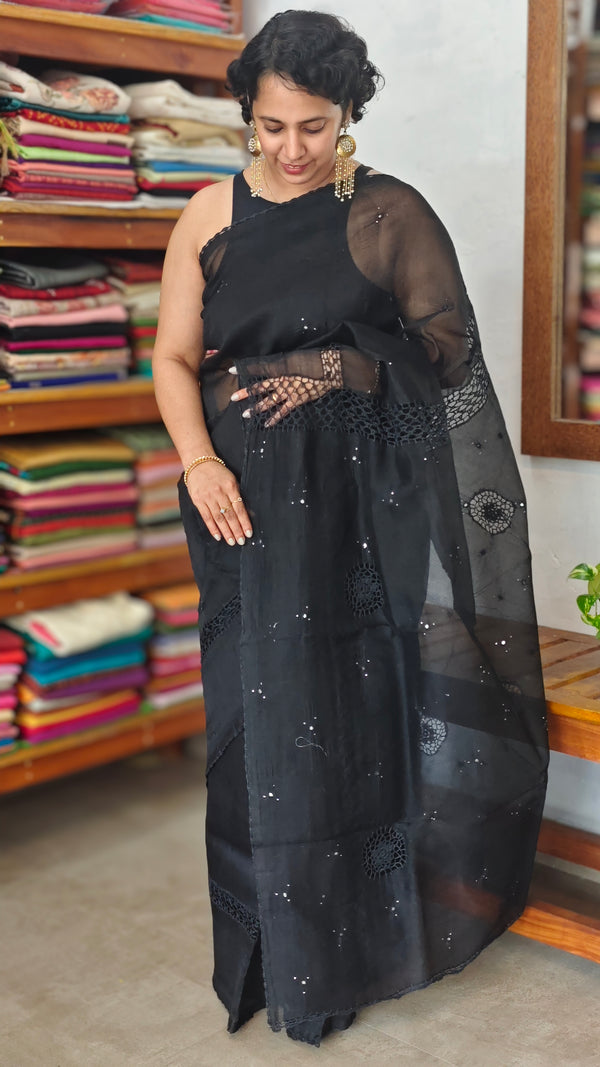 Black Supernet Kota Saree with hand crochet - 9818