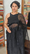Black Supernet Kota Saree with hand crochet - 9818