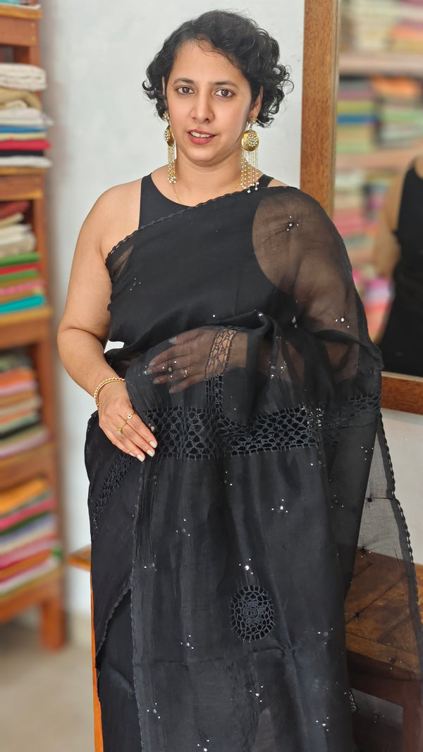 Black Supernet Kota Saree with hand crochet - 9818