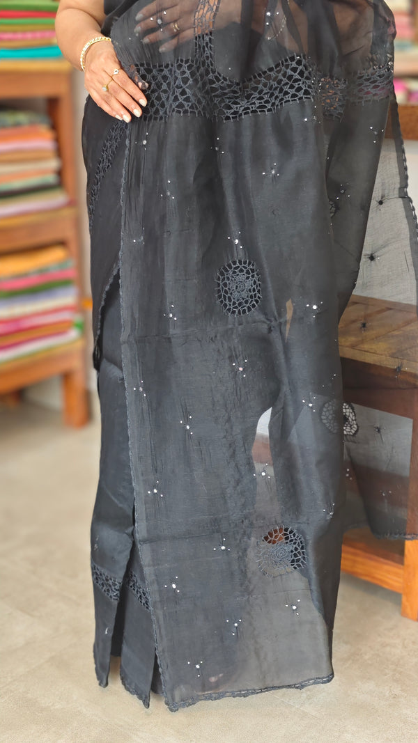 Black Supernet Kota Saree with hand crochet - 9818