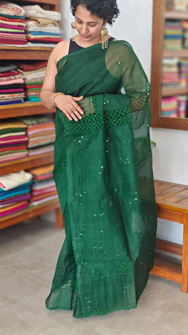 Dark Green Super Net kota Saree with Crochet Work - 9818