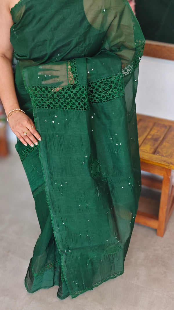 Dark Green Super Net kota Saree with Crochet Work - 9818