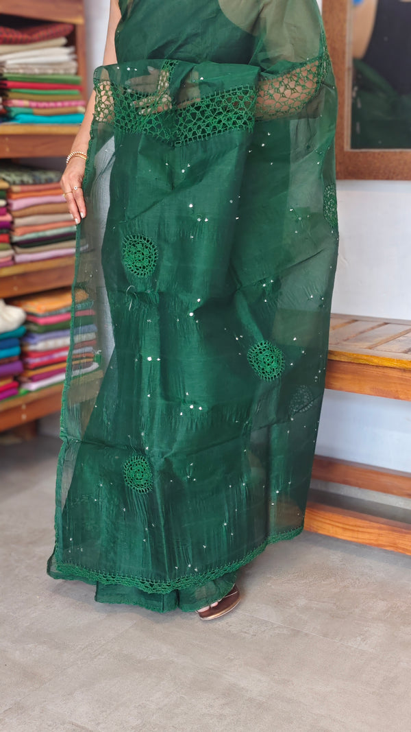 Dark Green Super Net kota Saree with Crochet Work - 9818