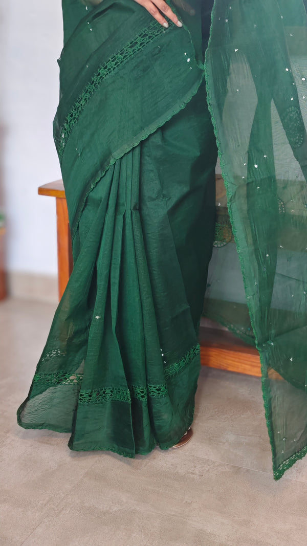 Dark Green Super Net kota Saree with Crochet Work - 9818