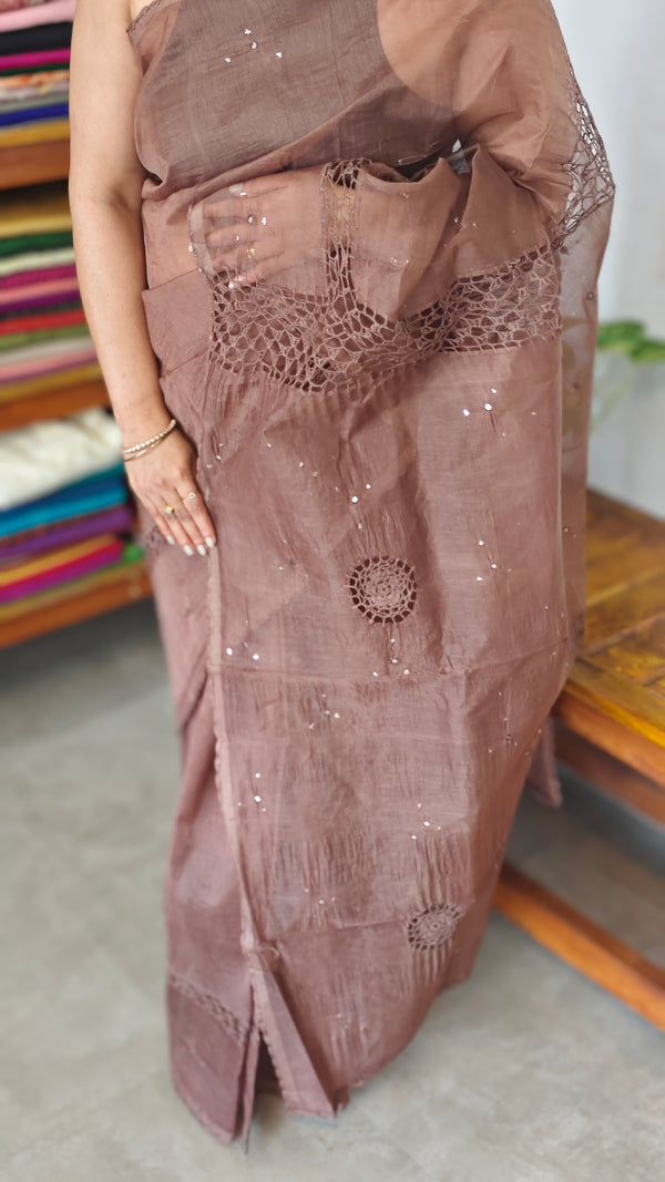 Chocolate Brown Supernet Kota Saree with Crochet Work - 9818