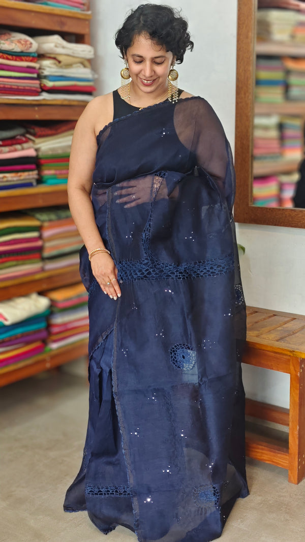 Navy Blue Super net Kota Saree with Crochet work - 9818