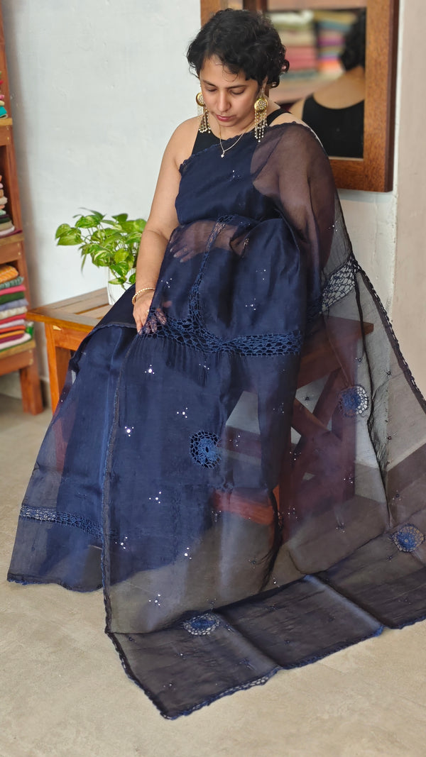 Navy Blue Super net Kota Saree with Crochet work - 9818