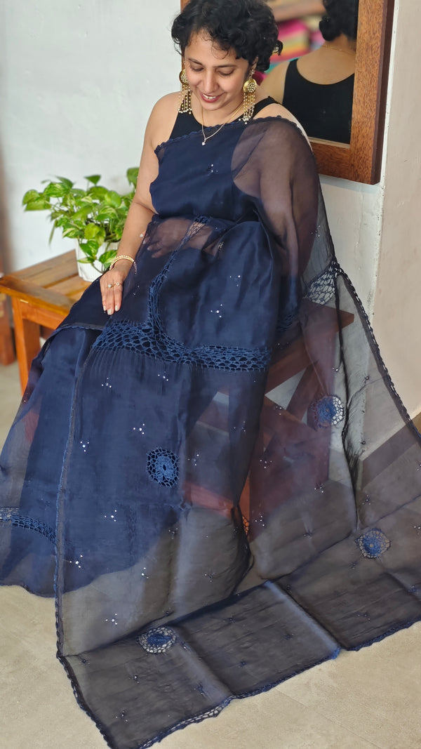 Navy Blue Super net Kota Saree with Crochet work - 9818