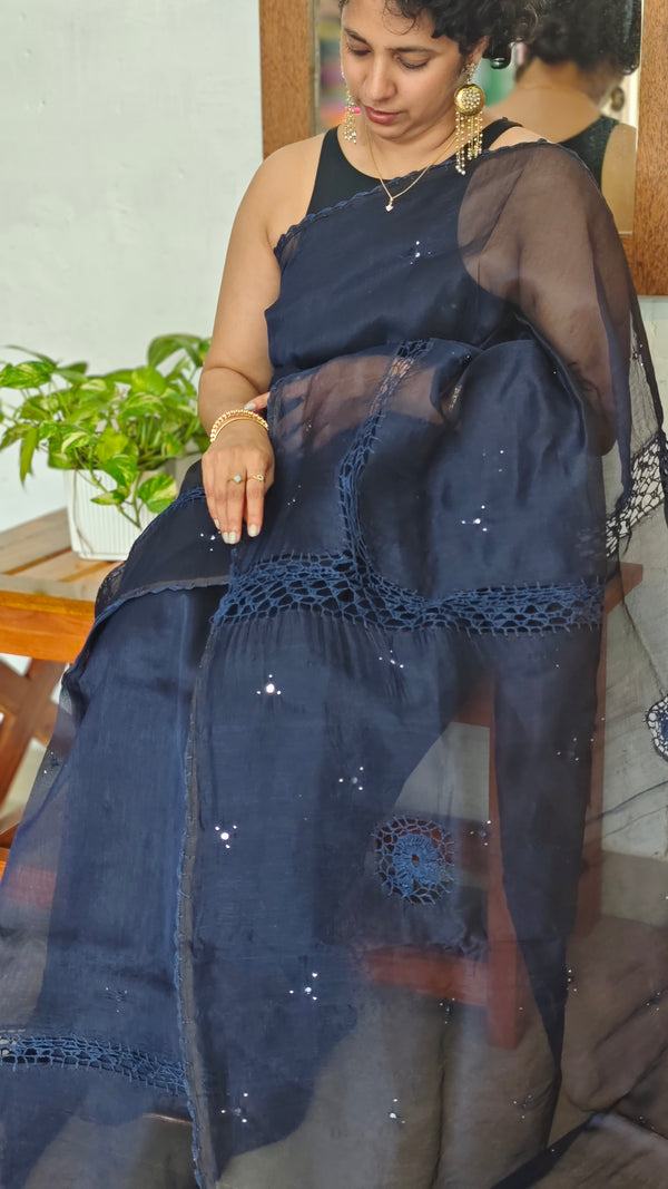 Navy Blue Super net Kota Saree with Crochet work - 9818