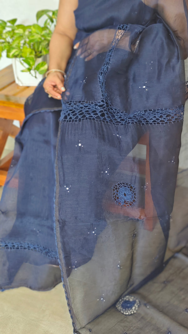 Navy Blue Super net Kota Saree with Crochet work - 9818