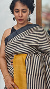 Black and White Striped Desi Tussar Silk Saree