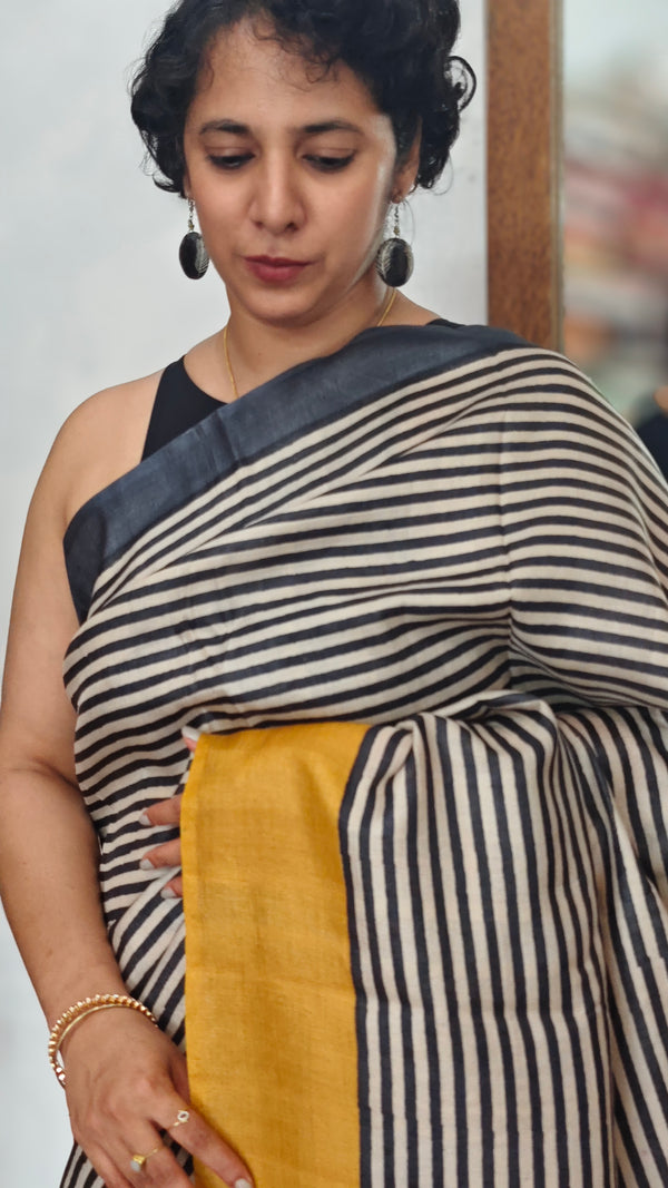 Black and White Striped Desi Tussar Silk Saree