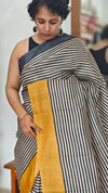 Black and White Striped Desi Tussar Silk Saree