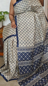 Cream and Navy Blue Printed Desi Tussar Silk Saree - EX2843