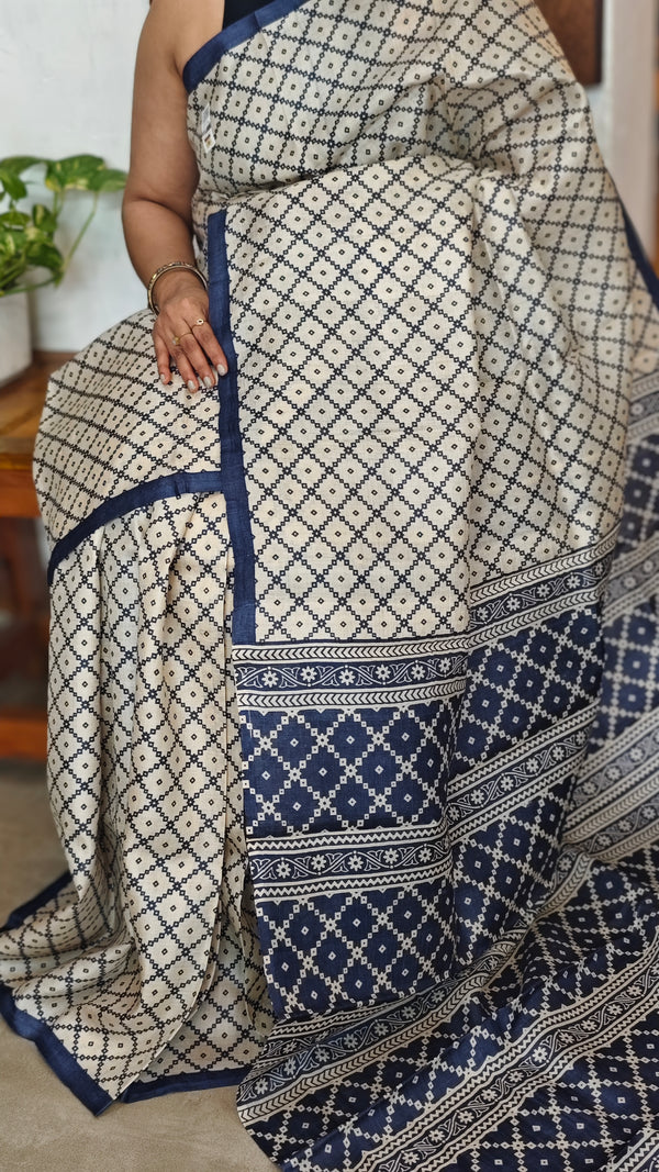 Cream and Navy Blue Printed Desi Tussar Silk Saree - EX2843