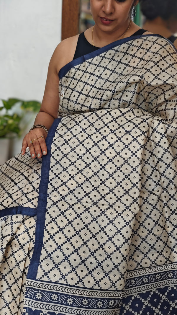 Cream and Navy Blue Printed Desi Tussar Silk Saree - EX2843