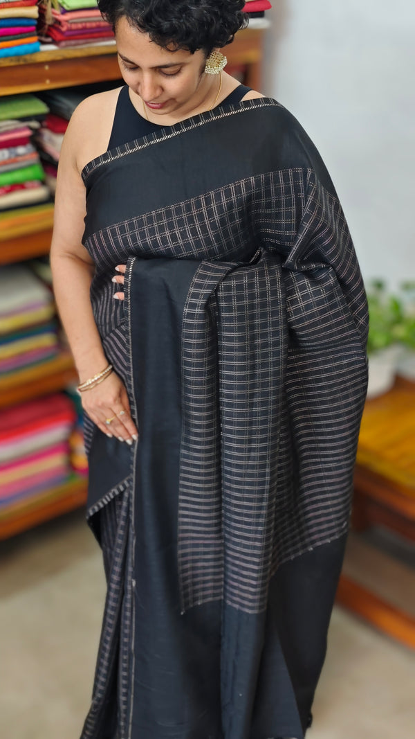 Black and Gold Checked Semi Silk Saree - 9733