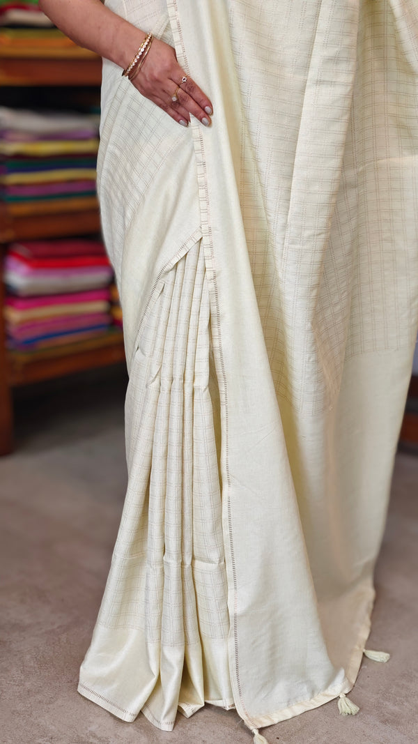 Butter Yellow and Gold Checked Semi Silk Saree - 9733