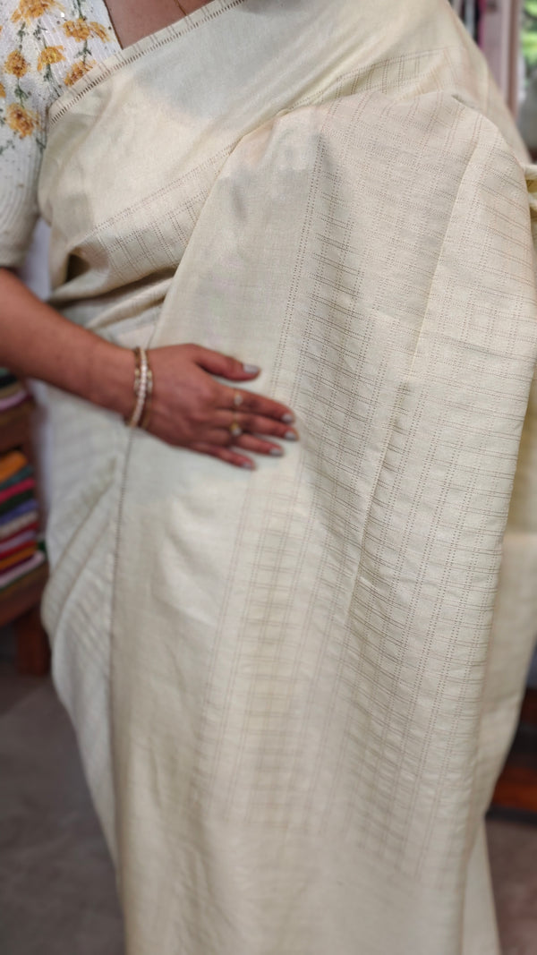 Butter Yellow and Gold Checked Semi Silk Saree - 9733