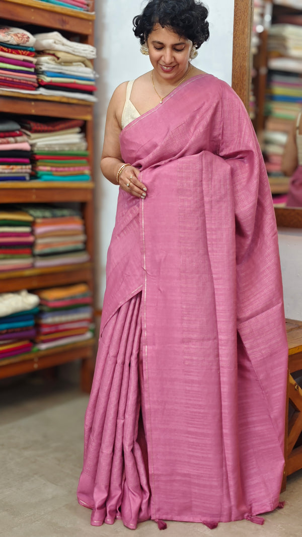 Thulian Pink and Gold Checked Semi Silk Saree - 9733