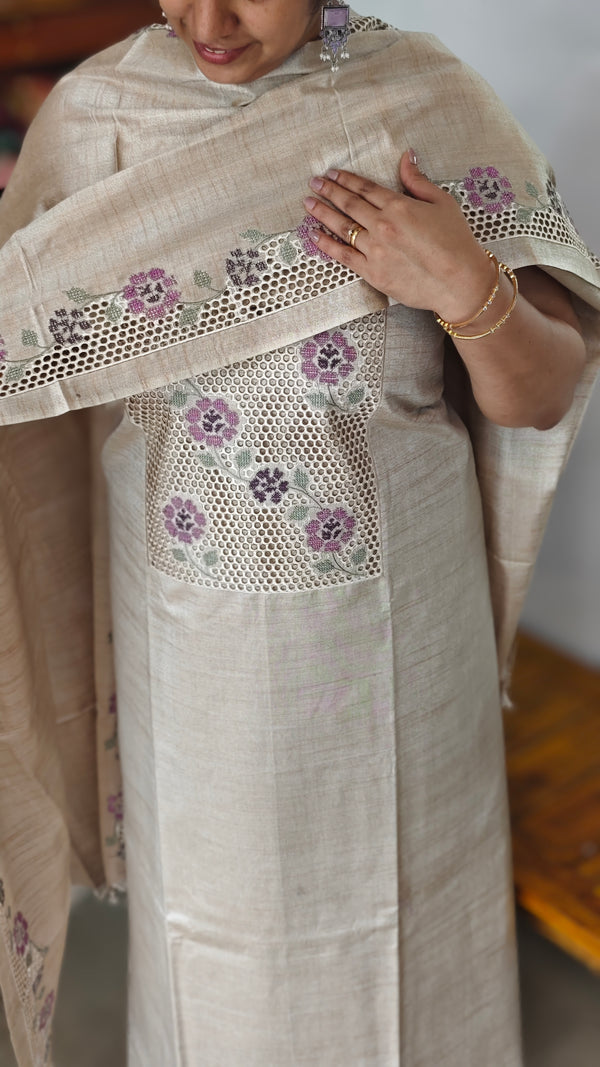 Light Beige Semi Tussar Cutwork Suit - HTV7 - Purple