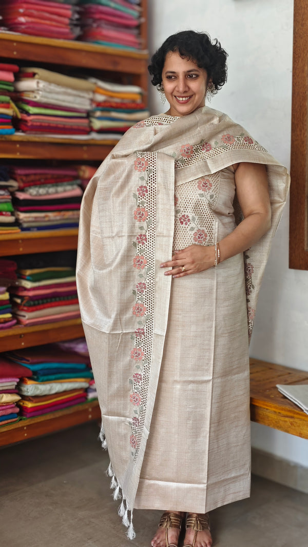 Light Beige Semi Tussar Cutwork Suit - HTV7 - Peach