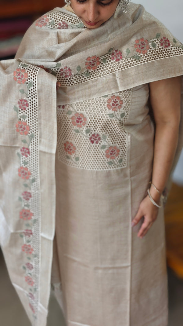Light Beige Semi Tussar Cutwork Suit - HTV7 - Peach