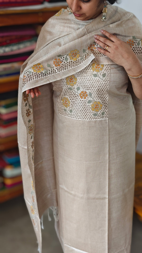 Light Beige Semi Tussar Cutwork Suit - HTV7 - Mustard