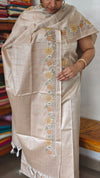 Light Beige Semi Tussar Cutwork Suit - HTV7 - Mustard